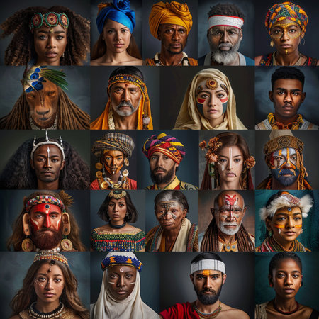 Portraits of ethnic people with traditional headdress and ethnic accessories.の素材