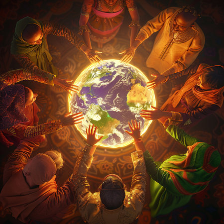 Group of Indian people holding Earth planet as symbol of global warming.の素材