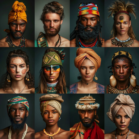 Collage of portraits of ethnic people. Men and women with headdress.の素材