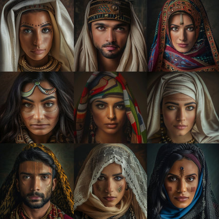 Collage of portraits of young muslim men and women in traditional clothesの素材