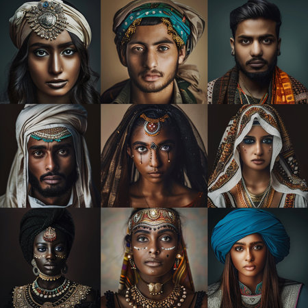 Collage of portraits of Indian men and women in traditional clothesの素材