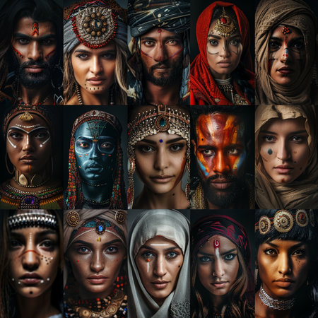 Collage of portraits of young people with ethnic ornaments.の素材