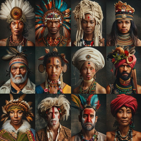Portrait of young Indian men in traditional clothing and headdressの素材
