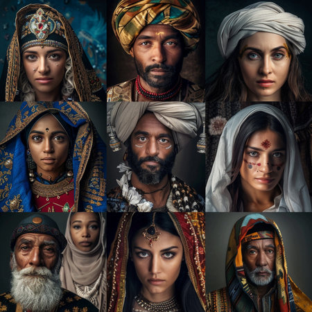 Collage of portraits of different people from the Middle East and Africaの素材