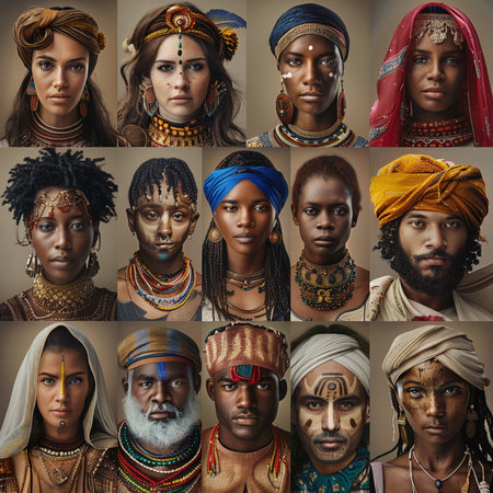 Portrait of a diverse group of people wearing traditional clothing and jewelryの素材