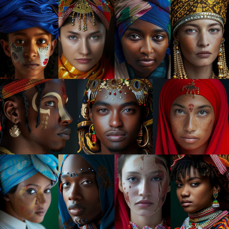 Collage of portraits of beautiful African women in traditional headdress.の素材