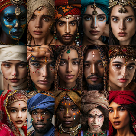 Collage of portraits of beautiful ethnic women in turban and headscarfの素材