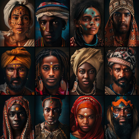 Collage of portraits of young Indian men and women with different ethnicities.の素材
