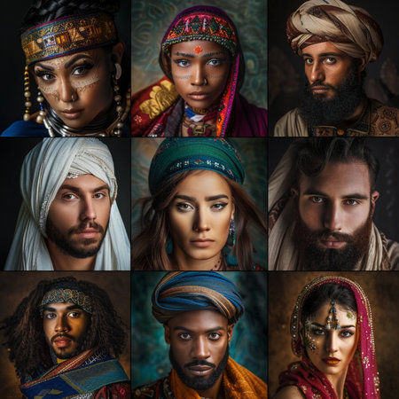 Collage of portraits of muslim man and woman in traditional clothesの素材