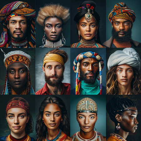 Portraits of diverse ethnic men and women wearing traditional clothing and headwearの素材