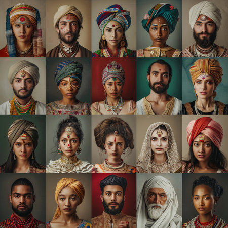 Collage of portraits of diverse ethnic men and women wearing traditional clothes.の素材