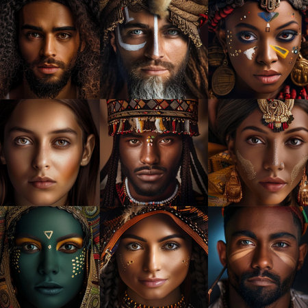 Collage of African American and Caucasian men and women with face artの素材