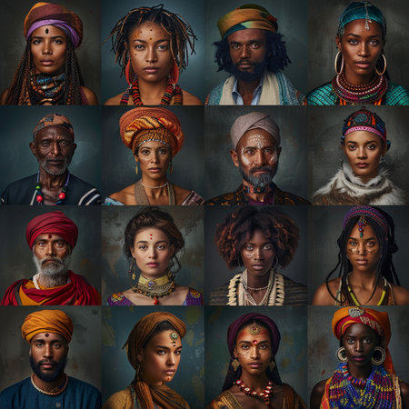 Group of African people in traditional clothing and headscarf. Collage.の素材