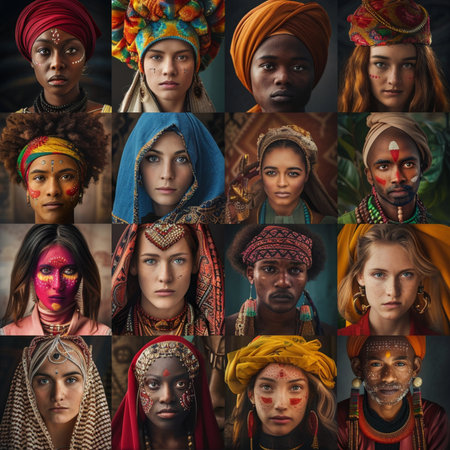 Collage of portraits of diverse ethnic women with traditional headdress and makeupの素材