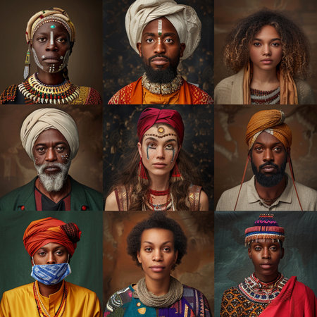Collage of portraits of different ethnic men and women wearing traditional clothesの素材