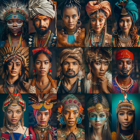 Collage of portraits of ethnic people in Borneo, Indonesiaの素材