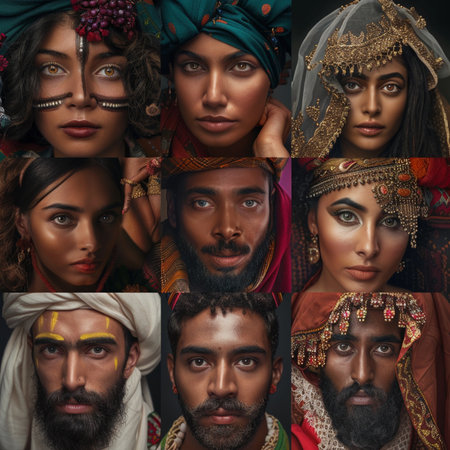 Collage of young Indian men and women in traditional clothing.の素材