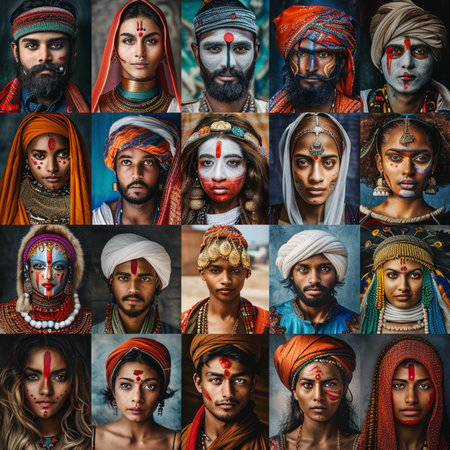 Collage of portraits of Indian people with different face expressions and emotionsの素材