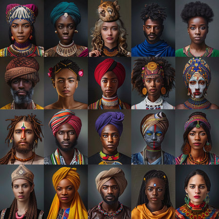 Portraits of african american men and women in traditional clothesの素材