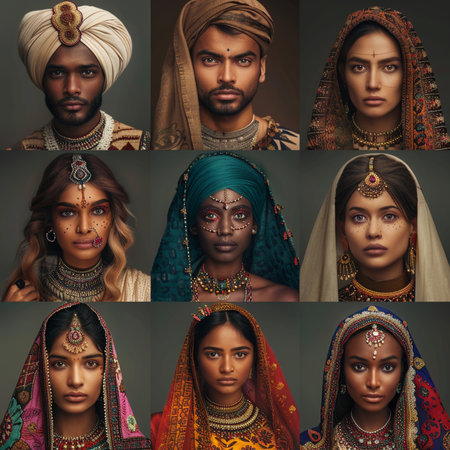 Collage of portraits of beautiful Indian women in traditional clothes.の素材