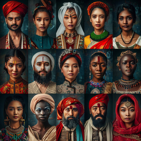 Collage of portraits of Indian people in traditional clothes. Studio shot.の素材