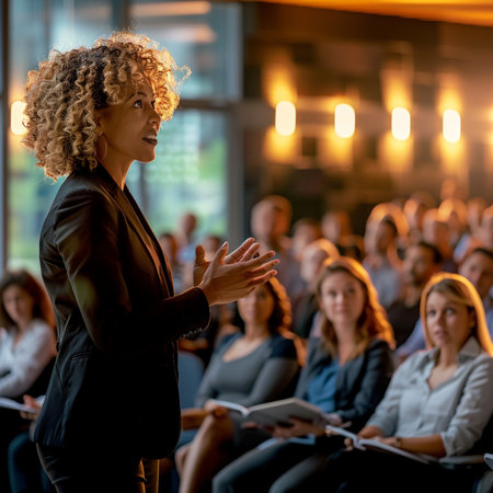 Businesswoman giving a speech at a conference. Audience in the conference hall. Business and Entrepreneurship concept.の素材