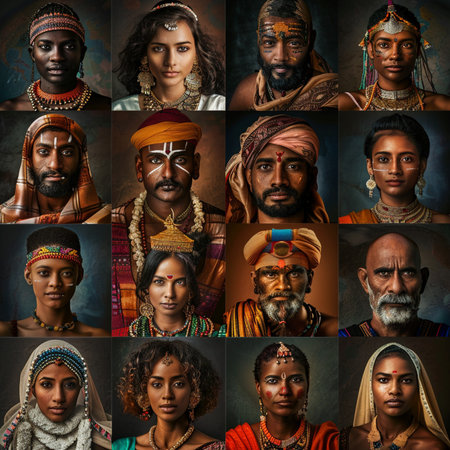 Collage of portraits of ethnic people from different cultures and religions.の素材