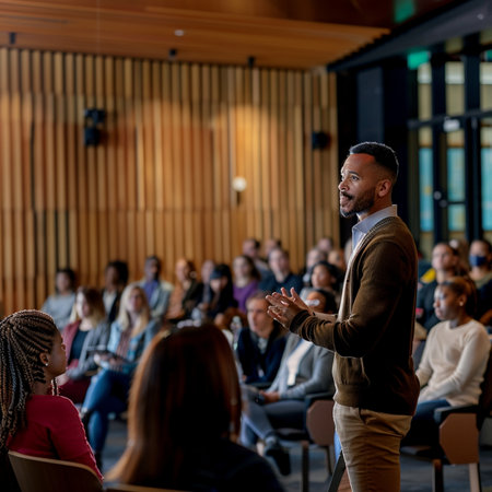 Speaker Giving a Talk at Business Meeting. Audience in the conference hall. Business and Entrepreneurship.の素材