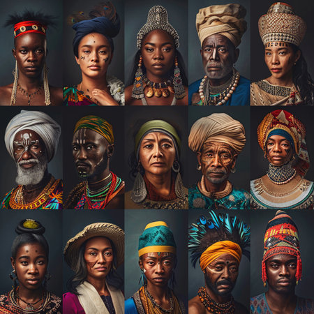 Portraits of African men and women in traditional clothes. Collage.の素材