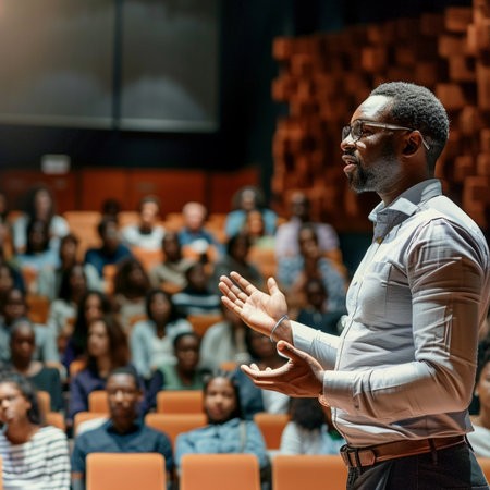 Confident mature African-American businessman in eyeglasses applauding during conferenceの素材