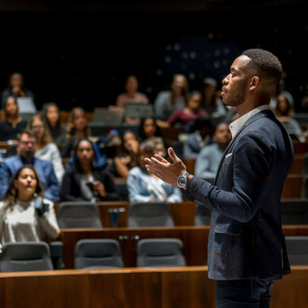 Speaker Giving a Talk at Business Conference. Audience in the conference hall. Business and Entrepreneurship.の素材