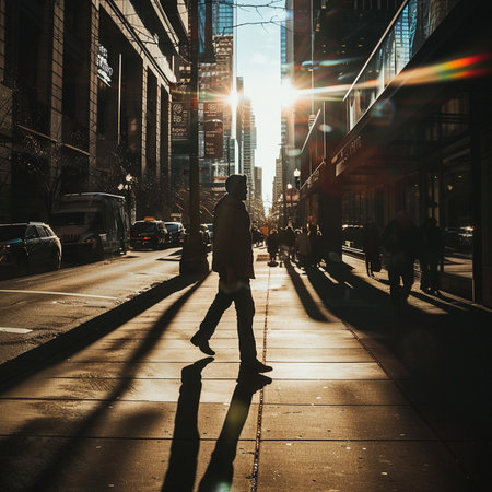 Man walking on street in New York City at sunset, USA.の素材