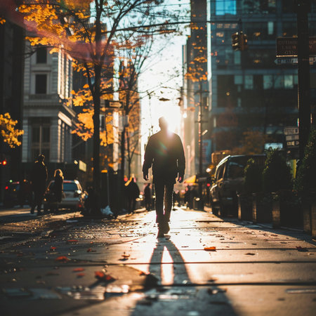 Man walking on the street at sunset in New York City, USA.の素材