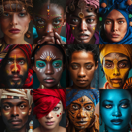 Collage of portraits of beautiful African women with creative make-upの素材