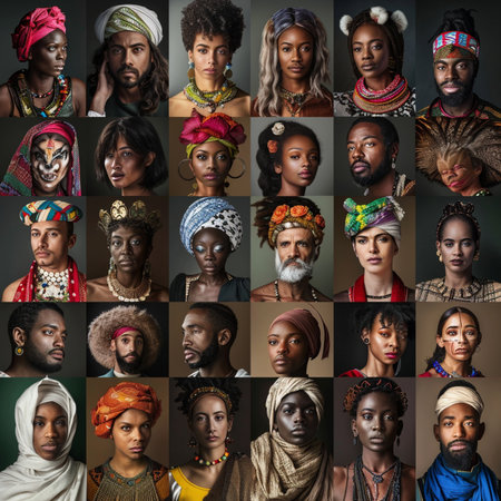 Portraits of beautiful African women and men in traditional clothes, collageの素材