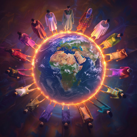 Group of Muslim people around the planet earth in a circle of lightの素材