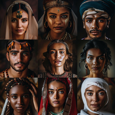 Collage of portraits of African-American women and men in national costumesの素材