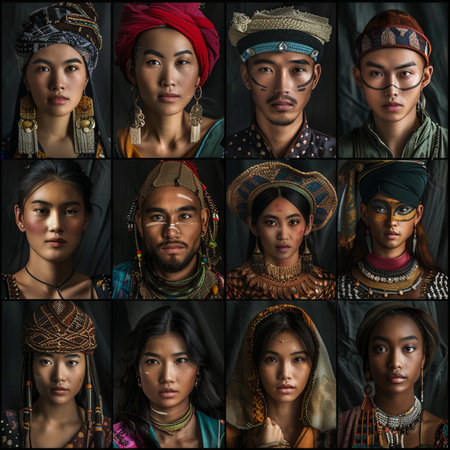 Portraits of beautiful mixed race women wearing traditional clothes. Borneo.の素材
