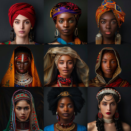 Collage of portraits of beautiful African women with traditional headdress.の素材