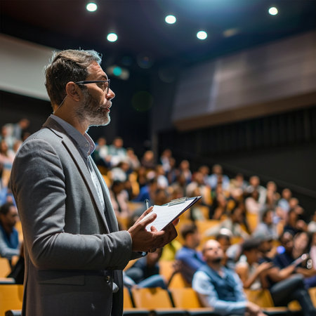 Speaker giving a talk at business conference. Audience in the conference hall. Business and Entrepreneurship concept.の素材