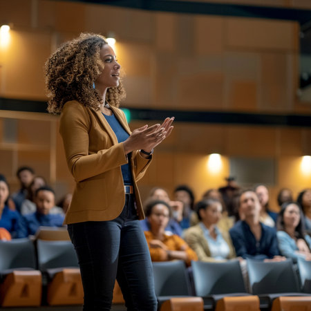 Confident african american businesswoman giving a talk at business meetingの素材