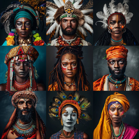 Collage of portraits of young African people in traditional clothing. Ethnic style.の素材