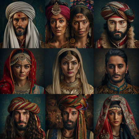Collage of portraits of Indian men and women in traditional clothingの素材