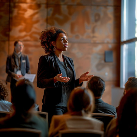 Confident african american speaker at business conference. Audience at the conference hall. Business and Entrepreneurship concept.の素材