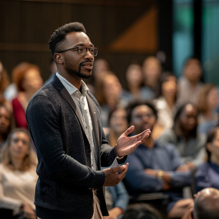 Portrait of a smiling African American businessman giving a speech during a conferenceの素材