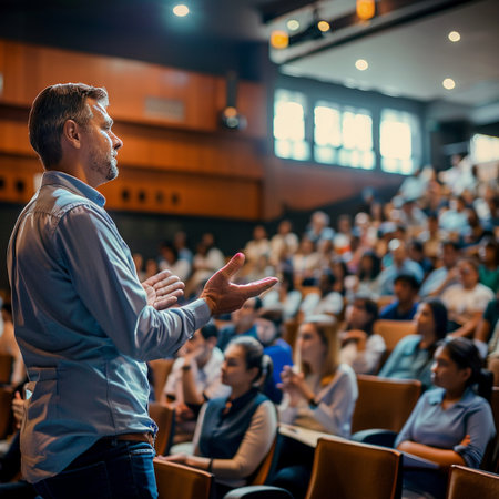 Speaker Giving a Talk at Business Meeting. Audience in the conference hall. Business and Entrepreneurship concept.の素材