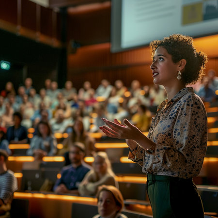 Speaker Giving a Talk at Business Conference. Audience in the conference hall. Business and Entrepreneurship.の素材