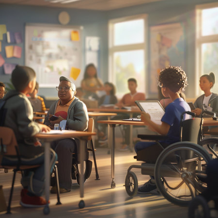 Group Of Elementary School Students In Wheelchairs Studying In Classroomの素材