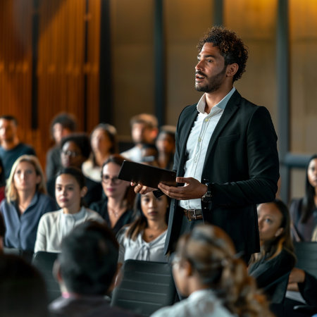 Portrait of a confident businessman holding a tablet while standing in front of a group of people in a conference hallの素材