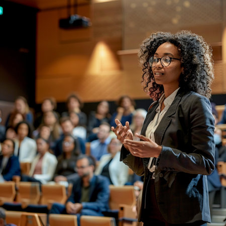Confident african american businesswoman giving speech in conference hallの素材